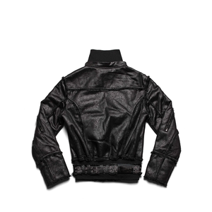 Blouson aviateur personnalisé en fausse fourrure cadrée, manteau bomber en cuir noir pour le streetwear, vente en gros, MOQ 50 pièces - Product Image 4