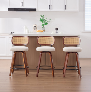 Set 3 26-Inch Counter Height <b>Bar</b> <b>Stools</b> Walnut Black Cane Rattan Back Beige Linen Upholstered Seat Swivel Eco-Friendly Gym - Product Image 3