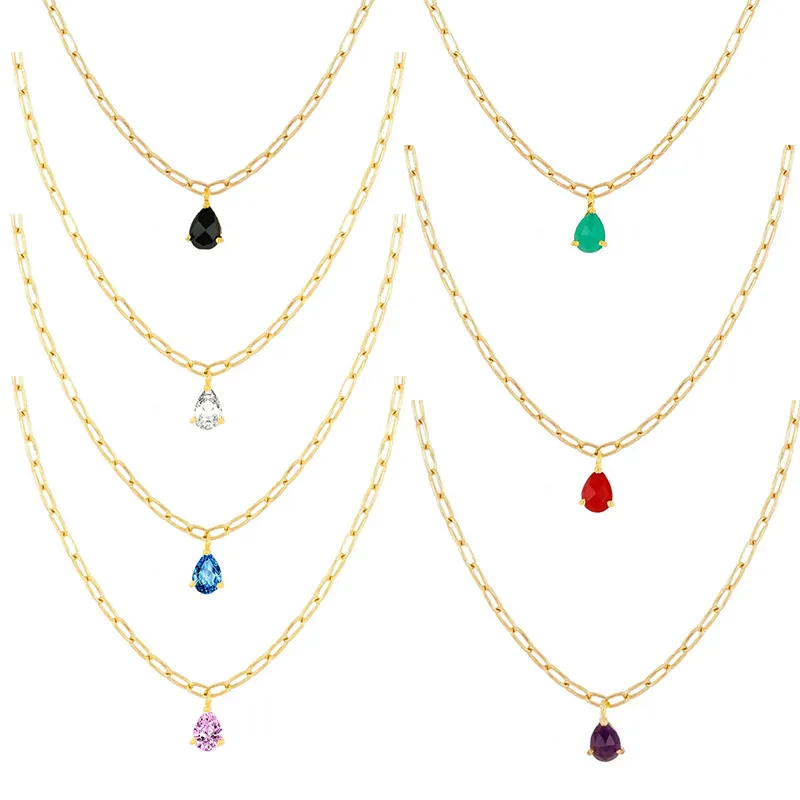 Joyería minimalista de moda, cadena de clip de papel de plata de ley 925, collares chapados en oro de diamantes con gota de agua colorida para mujer