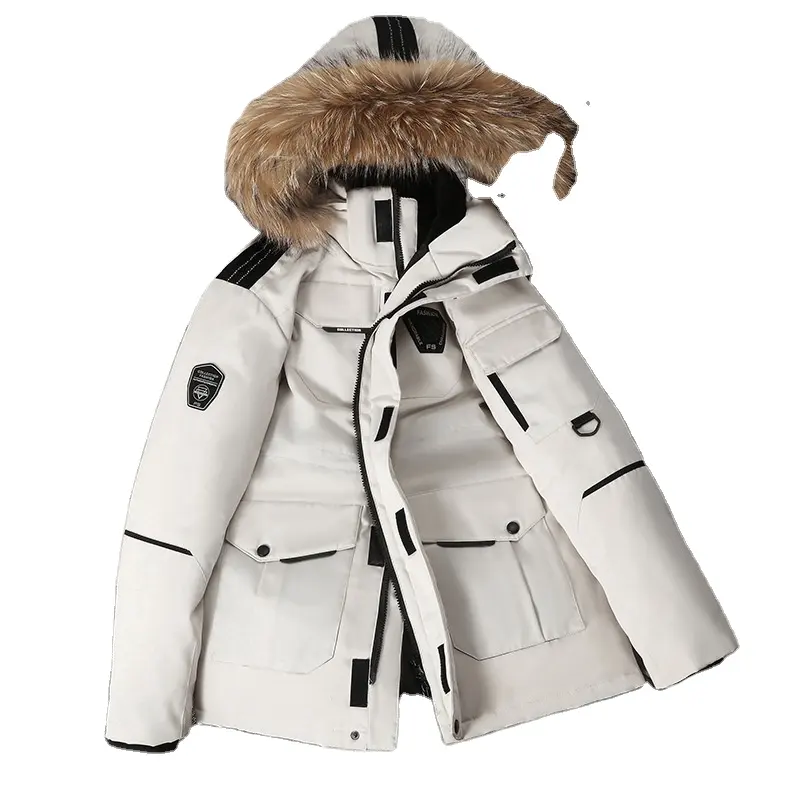 थोक शीतकालीन हुडी गर्म पुरुषों कपड़े स्ट्रीटवियर जैकेट बड़े फर कॉलर और आकार के आउटडोर मोटी नीचे जैकेट जैकेट