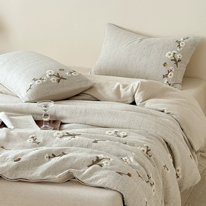 Linen Cotton Breathable Bedding Set <strong>Beige</strong> Embroidered Soft Duvet Cover Luxury <strong>Bed</strong> <strong>Sheets</strong> Wholesale - Product Image 1