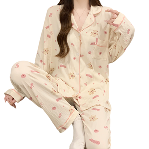 Pyjama décontracté respirant pour femme, motif ours cerise, manches longues, mignon, pour le printemps, l'été et l'automne, peut être porté à l'extérieur - Product Image 2