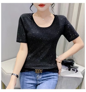 Ropa de Verano para <span class=keywords><strong>Mujer</strong></span>, Camisetas con Pedrería Brillante, Camisetas Negras con Diamantes Plateados para <span class=keywords><strong>Mujer</strong></span> - Product Image 5