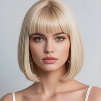 Perruque complète dorée de style européen et américain pour femmes, coupe courte et droite avec frange aérienne, tête de bobo volumineuse et moelleuse
