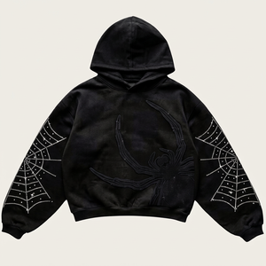 Sudadera con Capucha Negra de Calidad Premium para Hombre, con Pedrería de Telaraña, Estilo Gótico Oversize, Ajuste Regular, Tejido de Punto, para Otoño, OEM - Product Image 1