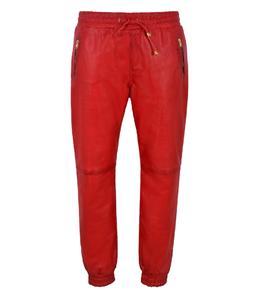 Pantalones de Mujer Personalizados 100% Cuero Nappa Rojo Vintage con Detalle de Correa Naranja, Acabado Vintage, Marca Privada OEM - Product Image 1