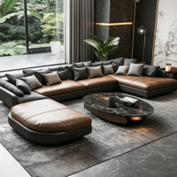 Canapé d'angle modulaire en cuir en forme de L, en bois massif, bicolore, pour salon de villa, mobilier de maison moderne de luxe léger