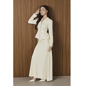 Blazer ajusté à col cranté, uni, élégant, style vietnamien, pour femme de bureau, féminin, couleur IVORY - avec détail de nœud latéral KA60 - Product Image 1