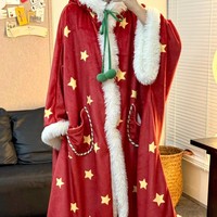 Vêtements de nuit d'hiver de dessin animé mignon pour les femmes Robe de flanelle de Noël avec des étoiles et un bonhomme de neige à manches longues rouge épaissi Homewear