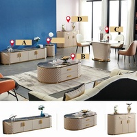Table basse en bois avec cadre en cuir et base en acier inoxydable doré, ensemble complet, meuble TV en marbre, buffet, table à manger