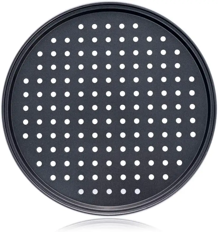 Non Stick Pizza Tray with Silicone Handle, Round Steel Non-stick Pan with Perforated Holes, Premium Bakeware