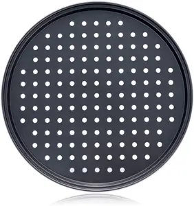 Non Stick Pizza Tray with Silicone Handle, Round Steel Non-stick Pan with Perforated Holes, Premium Bakeware