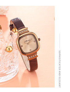 Montre élégante pour femme en or rose, cadran carré, cristaux, bracelet en cuir marron, cadran soleil, montre-bracelet à quartz - Product Image 6