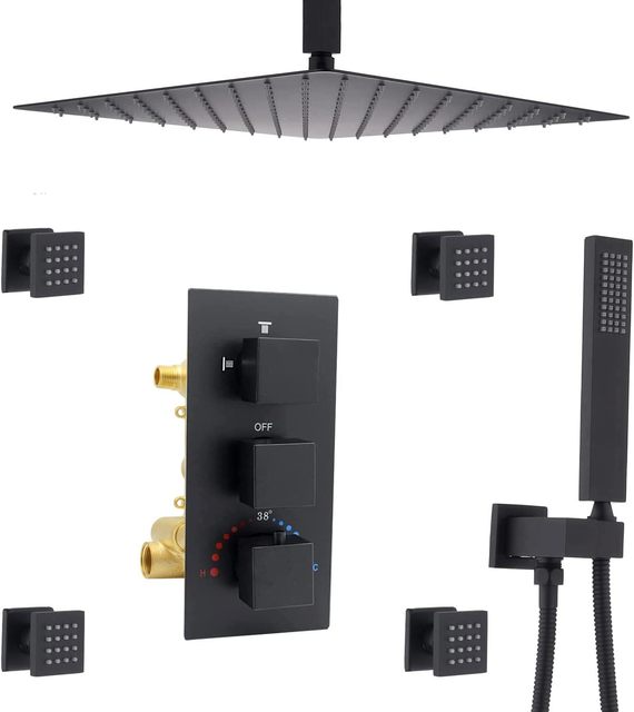 Matte Black Thermostatic Shower System Complete Kit 12\" Ceiling Rain Head Body Jets Soft Spray Handheld Trim 3-Way Valve