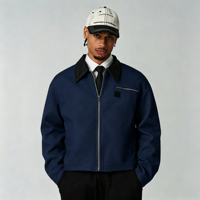 Blouson Bomber en Laine Personnalisé, Veste Courte Zippée en Coton, Style Streetwear Vintage Colorblock avec Col en Cuir pour Homme
