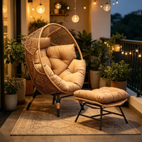 Fauteuil œuf en rotin d'extérieur, directement de l'usine, autoportant, en rotin PE, avec ottoman et coussin épais en polyester pour balcon et jardin