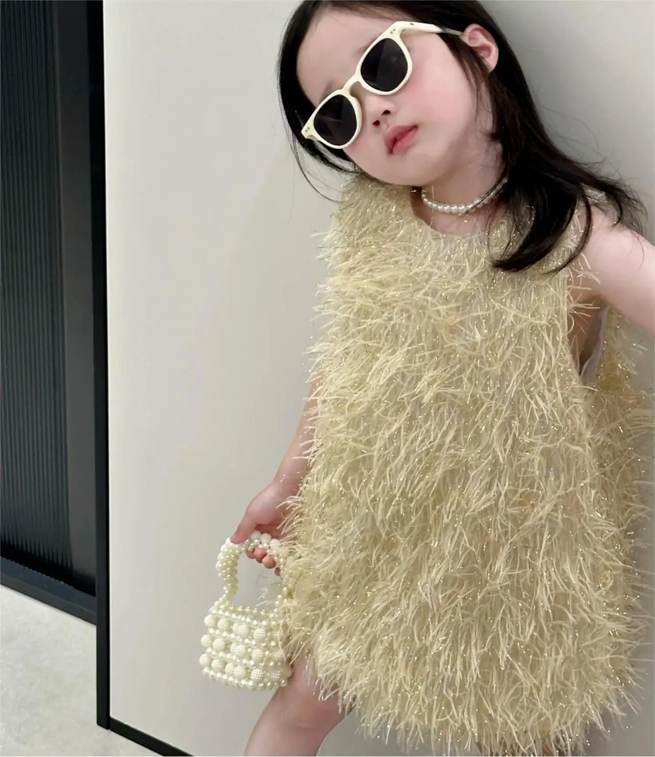 2023 New Fashion Summer Toddler Girl Sleeveless Yellow Tassel Bling Bling Dress 1-6 Years