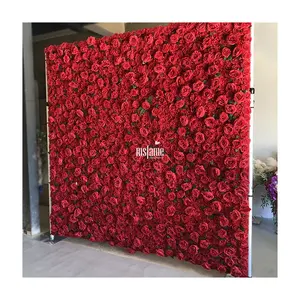 Flores decorativas, coronas y plantas Rosas Rojas Panel de flores artificiales Decoración del hogar Fondo de pared de flores de boda