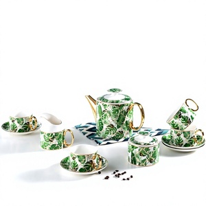 Service à café et thé en porcelaine fine BEST Green Leaf, théière et tasses avec soucoupes, poignée dorée, pour la maison et les mariages - Product Image 4