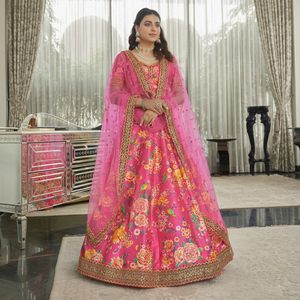 Pink Floral <b>Sequins</b> Zari Embroidered Women's One Set Lehenga Choli Chiffon Net Dupatta Long Traditional Dress for Wedding Party - Product Image 1