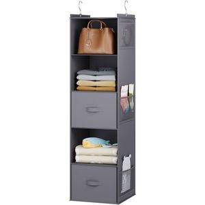 Foldable 5 Tier Hanging Closet <b>Shelf</b> Non-Woven Fabric Closet Organizer with Drawer &2 Strong <b>Hooks</b> Space Saving Wardrobe Storage - Product Image 5