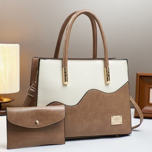 Women Vintage Contrast Color Tote Bag <b>Set</b> PU Leather <b>Handbag</b> With <b>Purse</b> Top Handle Shoulder Bag For Work Office Daily Use - Product Image 3