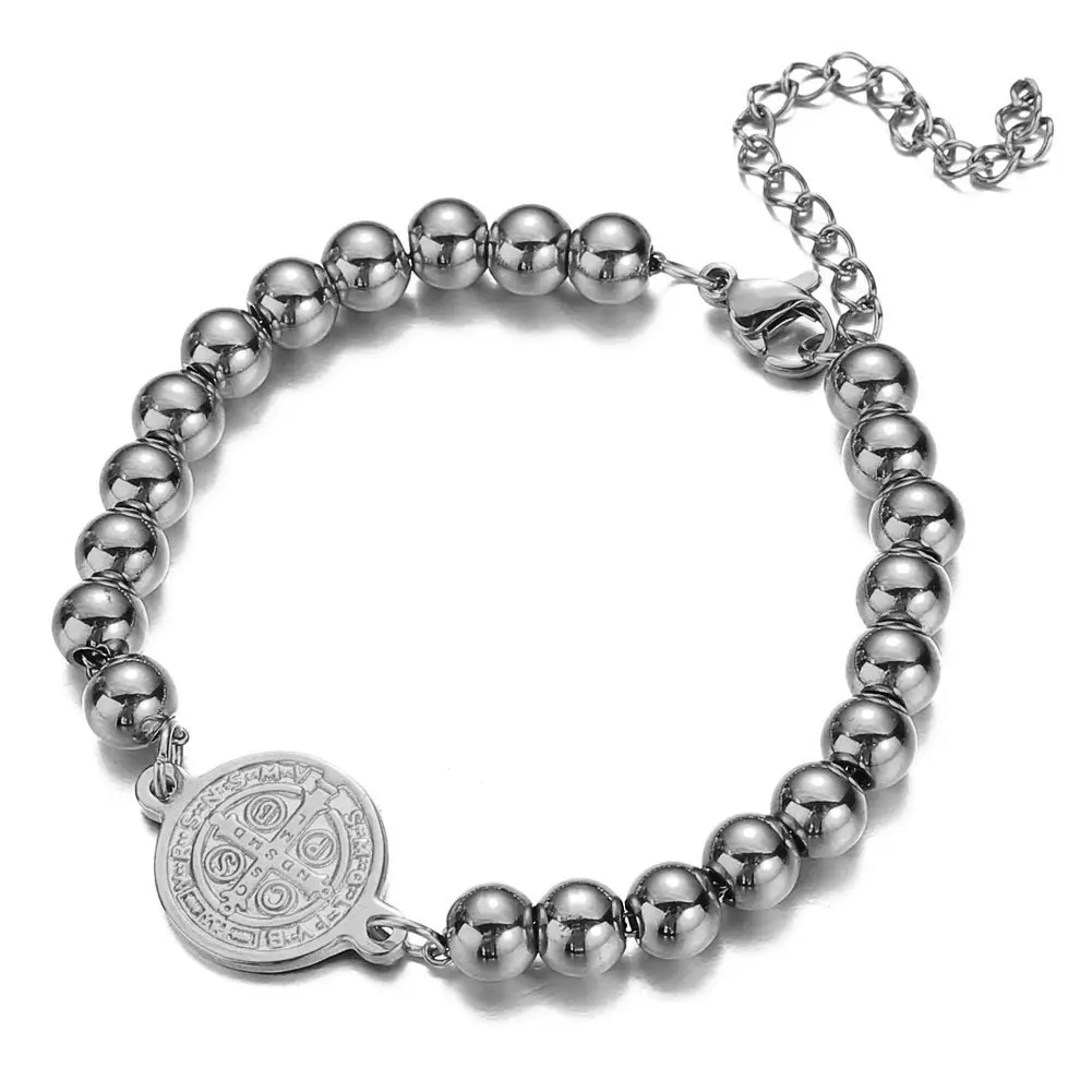 Pulsera de acero inoxidable chapado en oro para hombres y mujeres, joyería religiosa del catolismo, venta al por mayor, con cuentas de moneda de st saint Benito