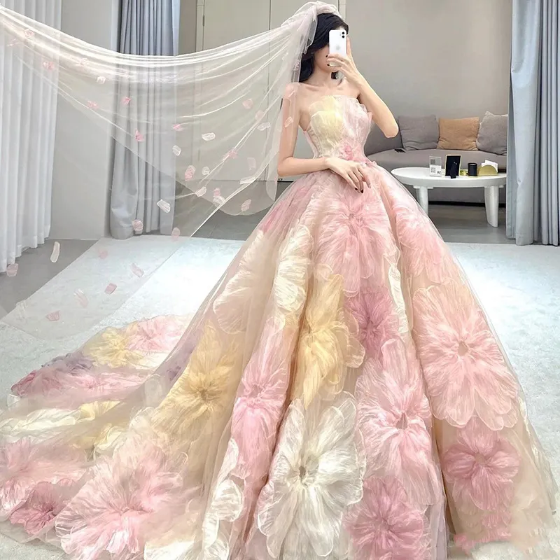 Wholesale women wedding dress vestidos de boda flower core pattern tube top pink trailing bridal gowns for women wedding