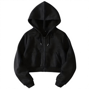 Sudadera con capucha corta de forro polar para mujer, estilo urbano personalizado, con cremallera, lisa, vintage, de punto, con capucha y manga regular, estilo otoñal - Product Image 1