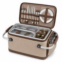 Panier de pique-nique isotherme beige tressé pliable avec poignée en aluminium pour les courses et les rassemblements en plein air