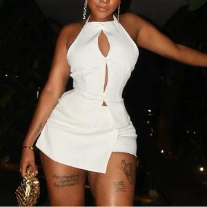 Latest Solid Color <b>Sexy</b> Hollow Out Sleeveless Bodycon Asymmetric Bottom Two Piece <b>Set</b> Women Fashion - Product Image 1