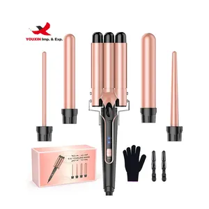 5 in 1 nterchangeable Curler Hair Three Barrel Ceramic Big Wave Curler Curling Iron Ceramic Coating Hair Curler with LCD D