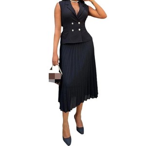 Conjunto de 2 Piezas para Mujer: Chaleco Cruzado con Cuello de Traje y Falda Plisada, a la Moda - Product Image 1