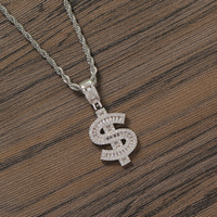CN353 Pendentif en laiton plaqué or/argent 18 carats avec signe dollar, zircon scintillant et chaîne corde, collier hip-hop pour homme