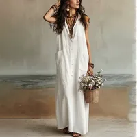 Robe longue boutonnée coupe ajustée, couleur unie, style français, décontractée, pour les vacances