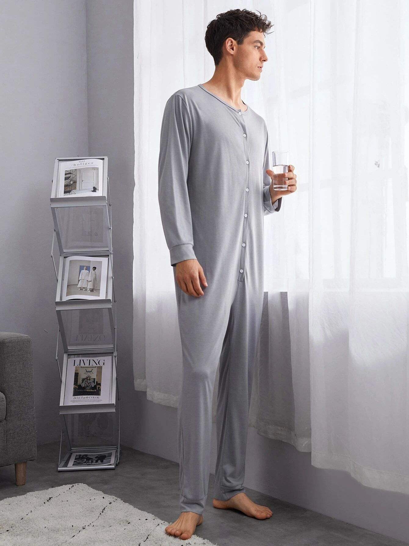 Monos de hombre, Pijamas largos de algodón personalizados, botón