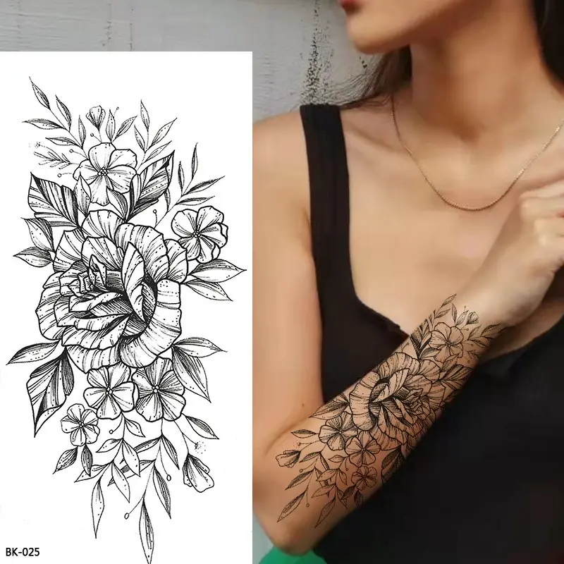 Adesivo de tatuagem temporária com desenho de flores, adesivo de tatuagem rosa preto e branco