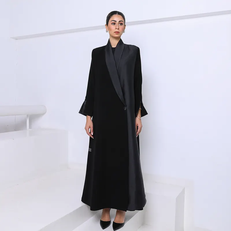 मुस्लिम महिलाओं के लिए उच्च गुणवत्ता वाला काला मुस्लिम सूट जैकेट लंबा कोट स्टाइल अबाया डिज़ाइन कस्टम तुर्की अबाया कोट