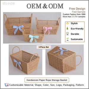 Cesta de Almacenamiento de 3 Piezas Tejida a Mano con Cuerda de Papel, con Asas y Decoración de Lazo, <span class=keywords><strong>para</strong></span> Guardería, Organizador <span class=keywords><strong>para</strong></span> Baby Shower, Venta <span class=keywords><strong>al</strong></span> <span class=keywords><strong>por</strong></span> <span class=keywords><strong>Mayor</strong></span>, Personalizable - Product Image 2