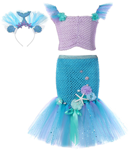 Costume da Sirena in 2 Pezzi, Top con Paillettes e Tulle, Outfit per Bambini per Feste di Compleanno e Cosplay, Costume da Piccola Sirena con Fascia per Capelli - Product Image 1
