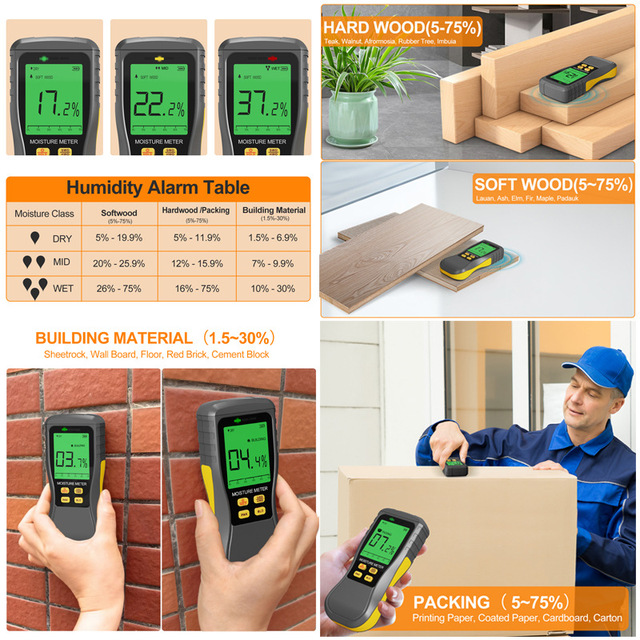 Digital Non-destructive Inductive Wall Moisture Detector 1.5-75% with Moisture Level Indicate for Wood Concrete Cardboard