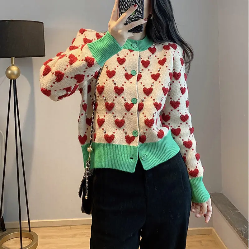 2022 autumn winter fashion Long sleeve color match love knitted ladies cardigan crewneck women sweater