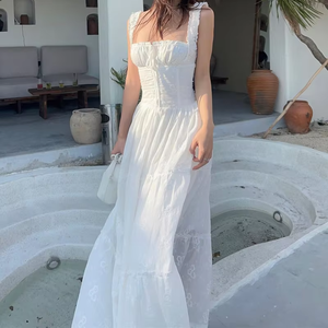 Whermery temperamento Sexy espalda descubierta Maxi vestido ahueca hacia fuera malla fruncida Halter Vestidos largos elegantes mujeres verano para 2024 Vestidos - Product Image 2