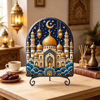 Assiette décorative personnalisée en résine, impression UV islamique, mosquée, croissant de lune, mandala doré, ornement de bureau Ramadan, OEM en gros