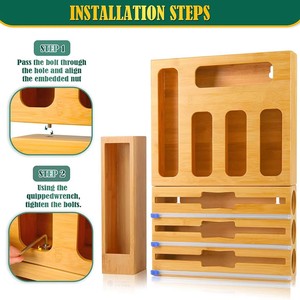 Bamboo <b>Kitchen</b> <b>Storage</b> <b>Box</b> Wall Mounted Wooden Organizer For Plastic Wrap And Food Bags With Cutter And Detachable Design - Product Image 3