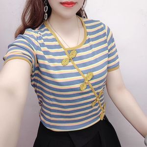 Traditional Chinese Striped Top Women Short Sleeve Blue Pink Acrylic Fiber Side Button T-Shirt Summer Fashion - Product Image 3
