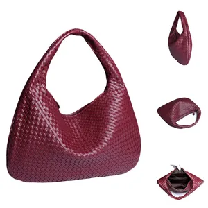 wholesale designer handbags 2024 burgundy pu braided leather weave bag woven women's shoulder bags for ladies 3149