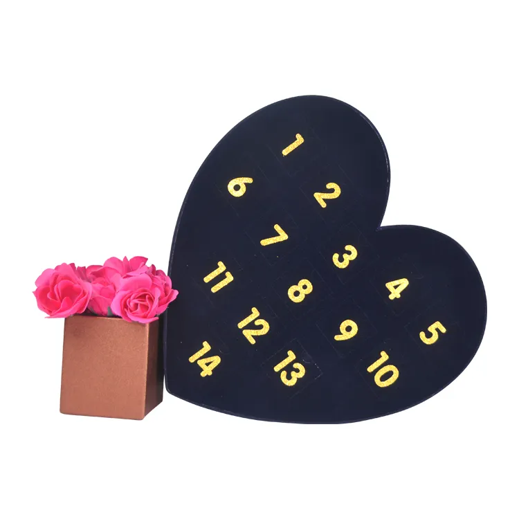 Wholesale Valentine Day Favor Surprise Girlfriend Mom Gift Packaging Velvet Advent Calendar Box heart shaped gift box