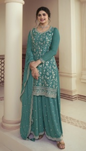 Matériau semi-cousu Palazzo Salwar Kameez avec séquence de travail Palazzo costume femmes fête mariage porter au fournisseur en gros - Product Image 5