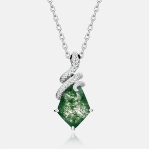 Grensoverschrijdende exclusieve Spirit <span class=keywords><strong>Snake</strong></span> natuurlijke groene mosstenen hanger S925 zilveren ketting mode clavicula ketting voor vrouwen - Product Image 5